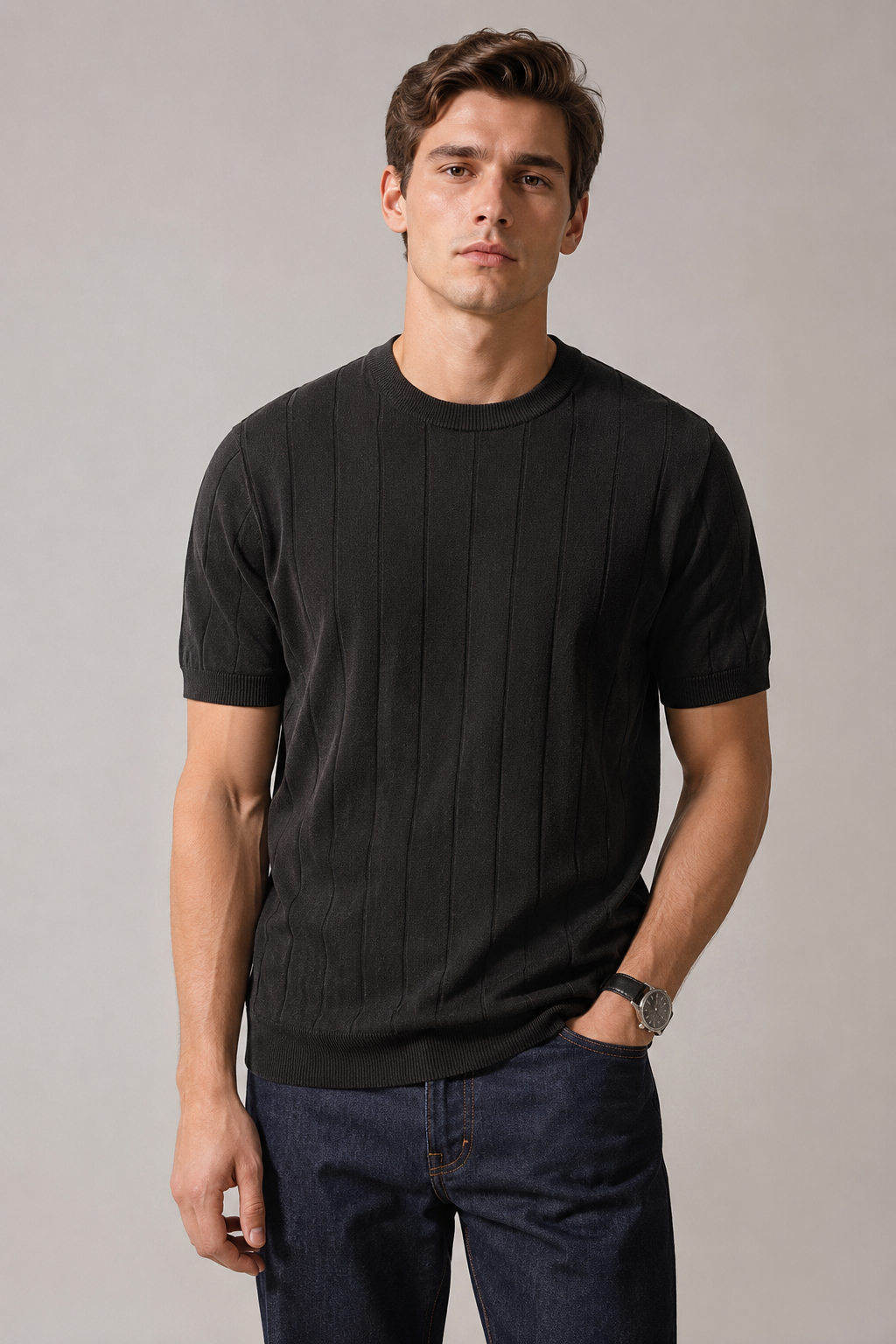 Playeras Para Hombre de Punto Tejida Acanalada A61452 Negro