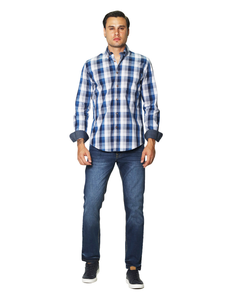 Camisas Para Hombre Manga Larga Cuadros B45105 Azul BOBOIS