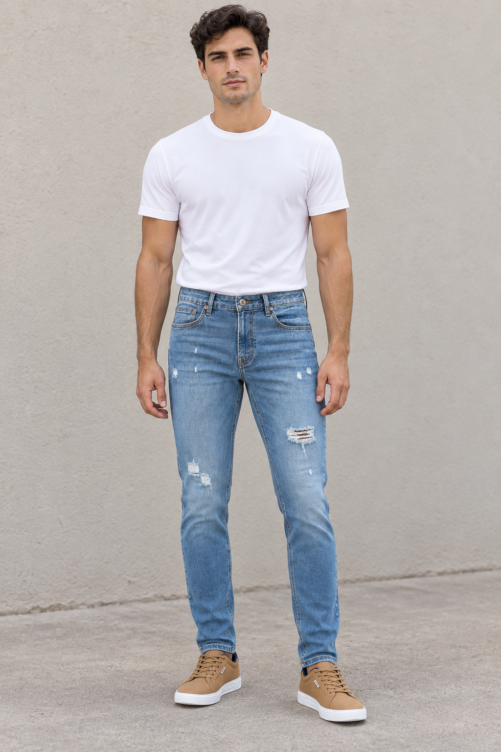 Jeans Para Hombre Mezclilla Slim Deslavado Rasgado J61106 Azul