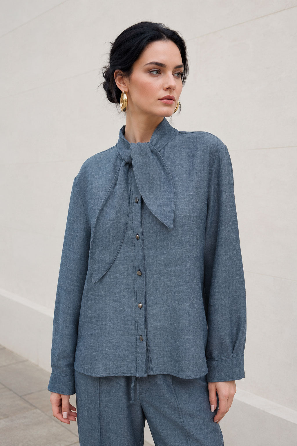 Blusas Para Mujer Tipo Camisera Con Lazo Corbata Al Cuello N63121 Denim