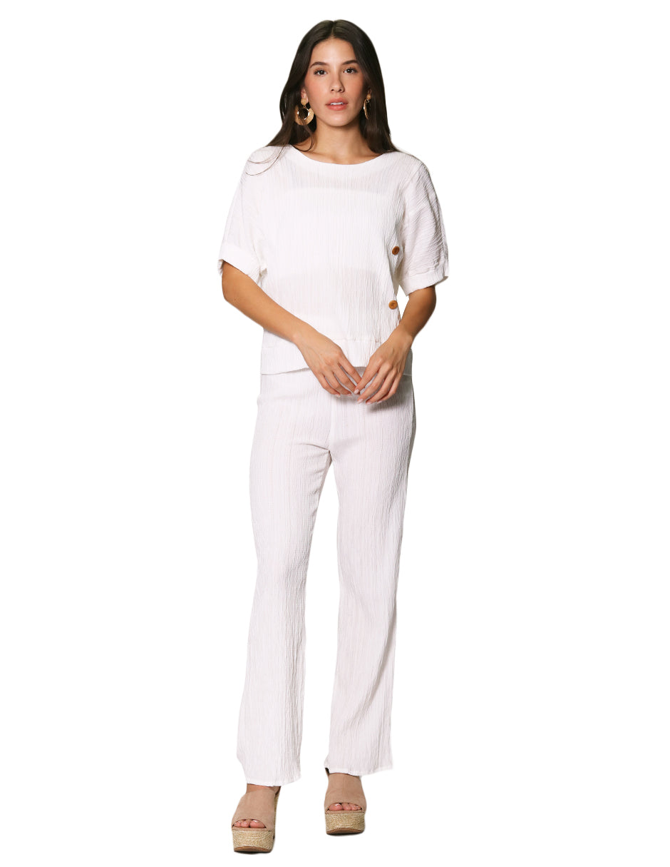 Pantalones Para Mujer Basico Corrugado De Tiro Alto W41142 Hueso