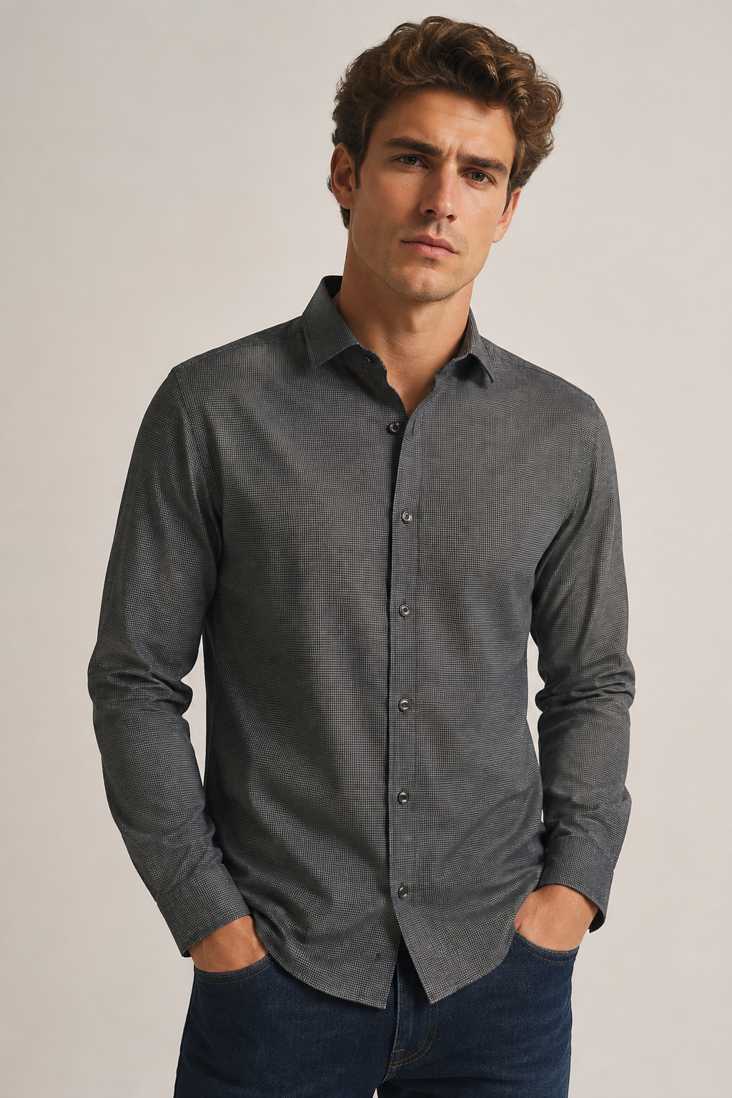 Camisas Para Hombre Manga Larga Cuadros B45307 Gris