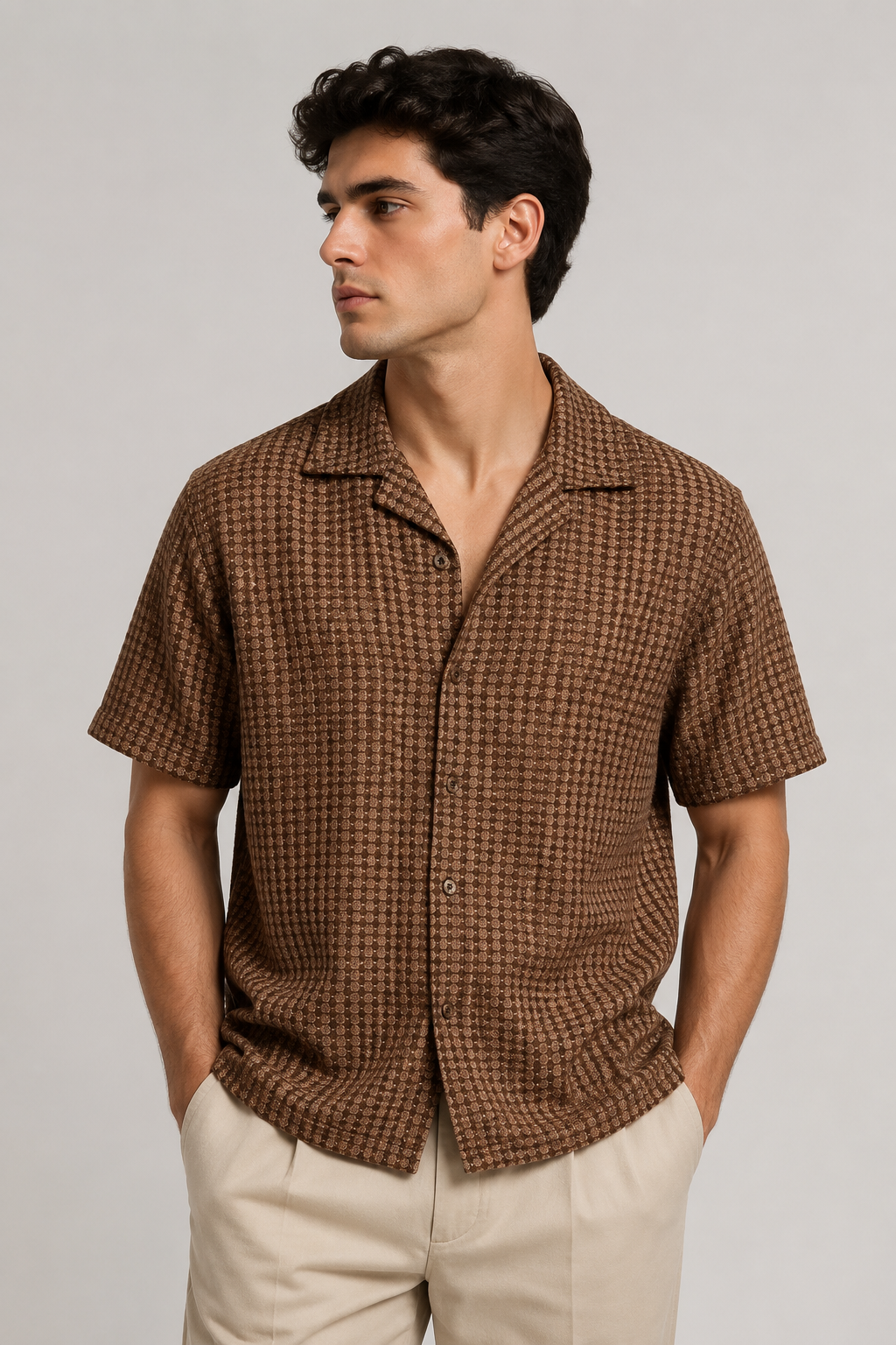 Camisas Para Hombre Manga Corta Crochet Tejida B65454 Cocoa