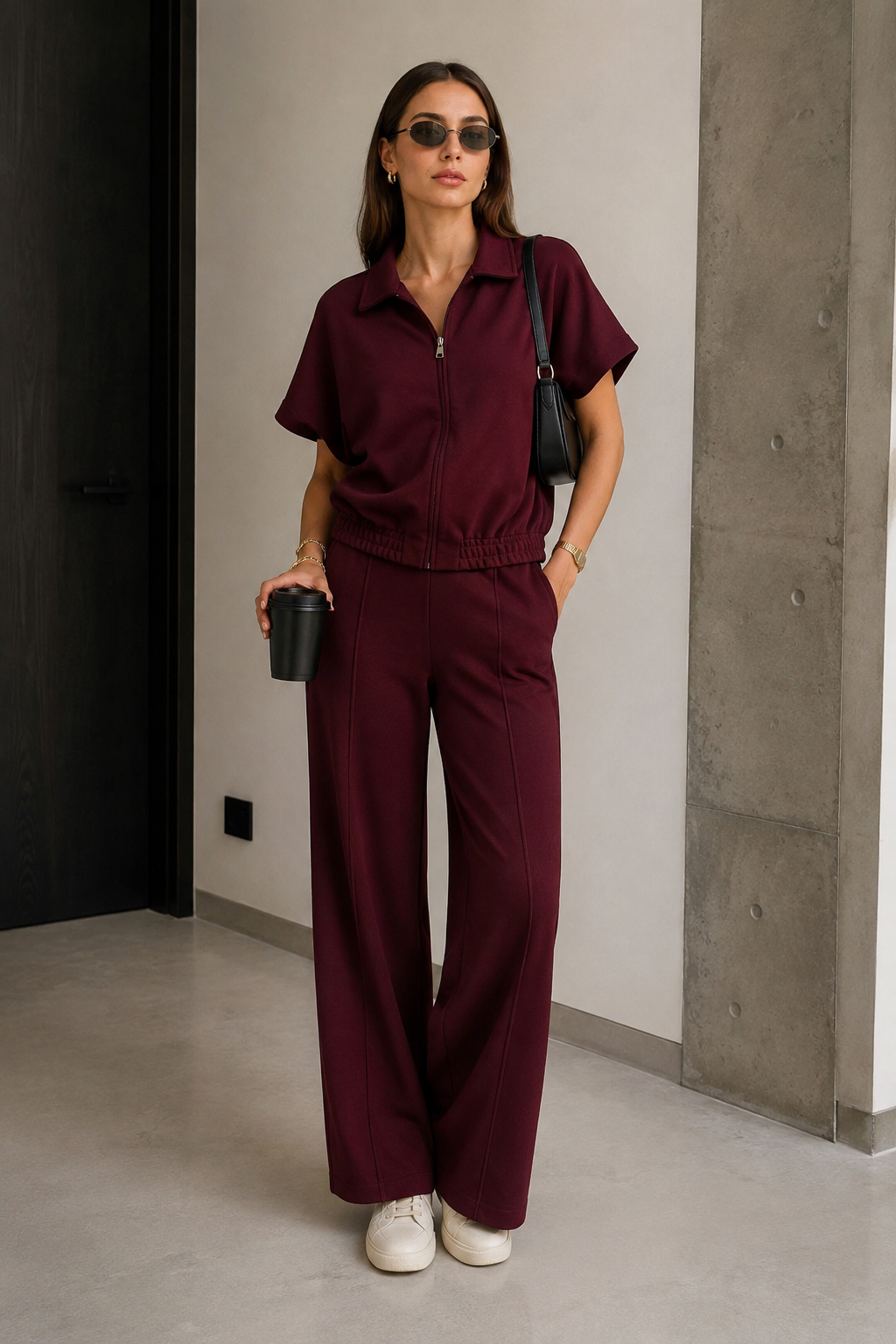 Pantalones Para Mujer De Pierna Recta Con Pretina Doblada Y Pespunte W63123 Vino