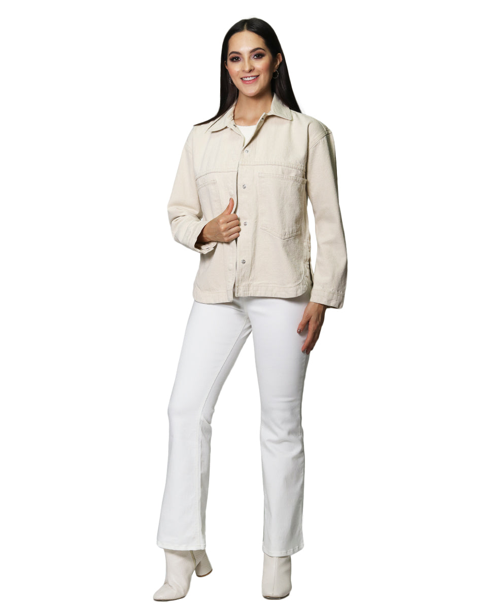 Chamarras Para Mujer Chaqueta Oversize Lisa Con Abertura Q33108 Hueso