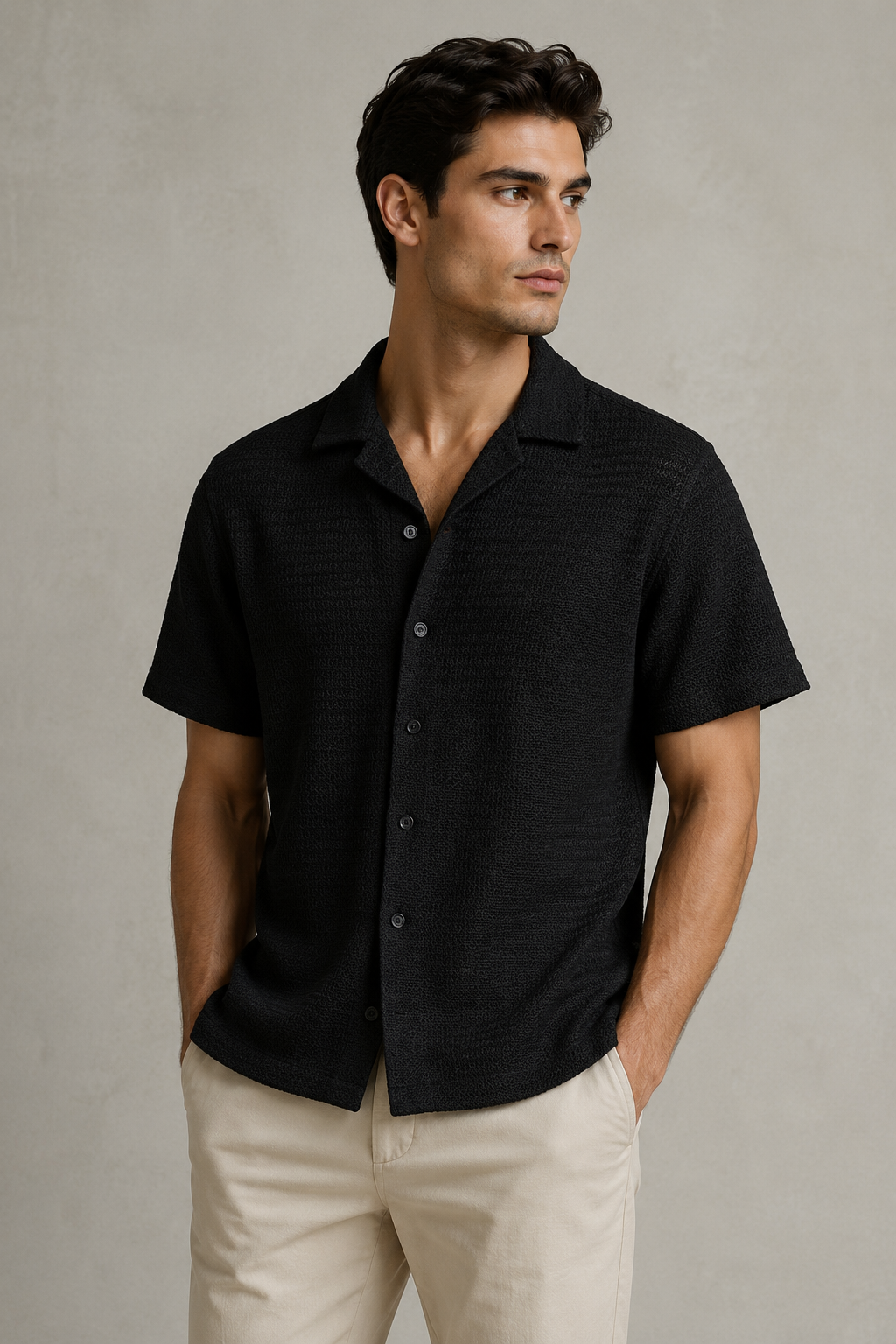 Camisas Para Hombre Manga Corta Con Tejido de Punto B65457 Negro