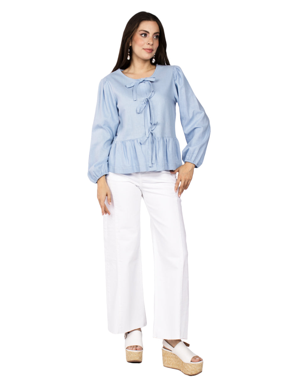 Blusas Para Mujer Tipo Lino Con Moños N51151 Azul