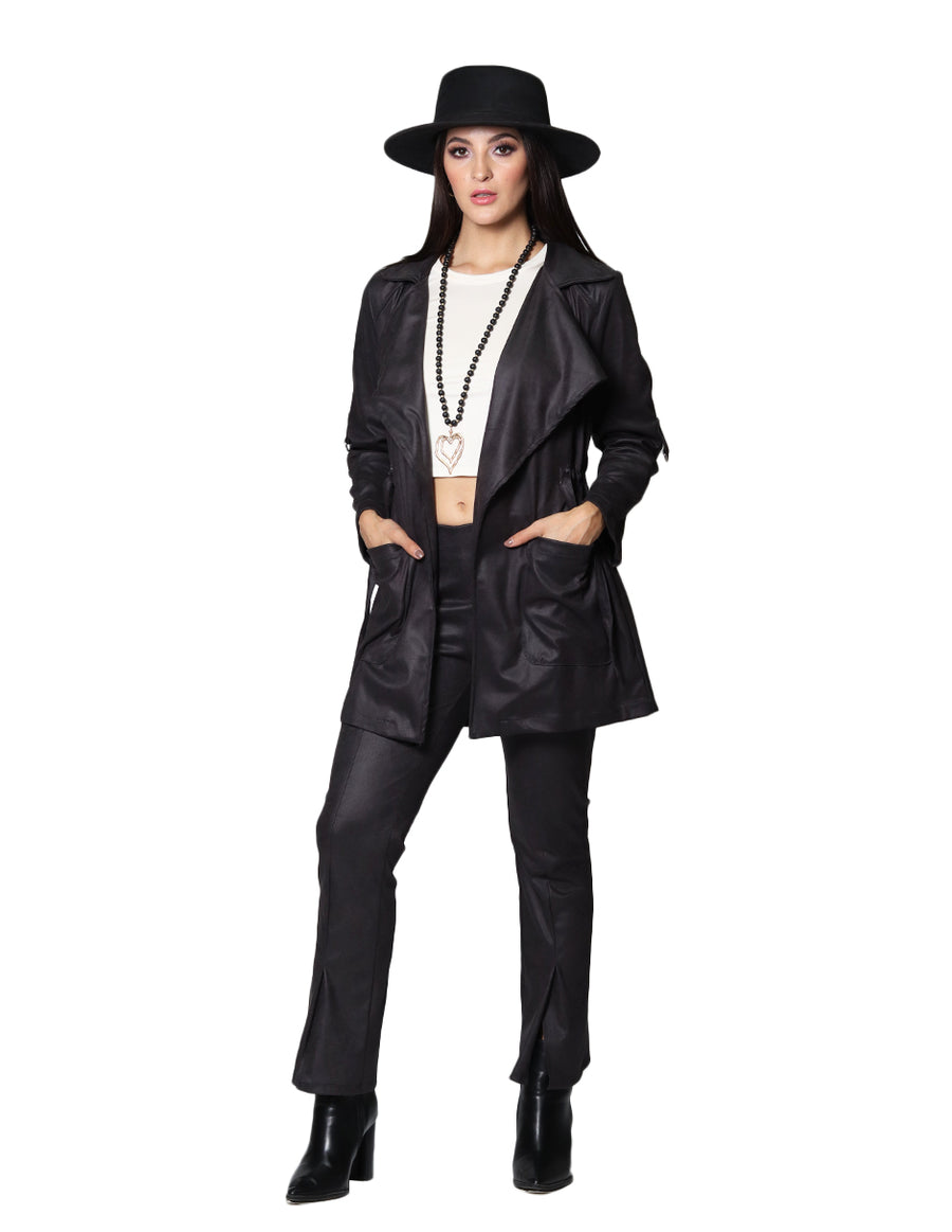 Pantalones Para Mujer Bobois Moda Casuales Vintage Acampanado Tipo Piel Con Aberturas Al Frente W33120 Negro