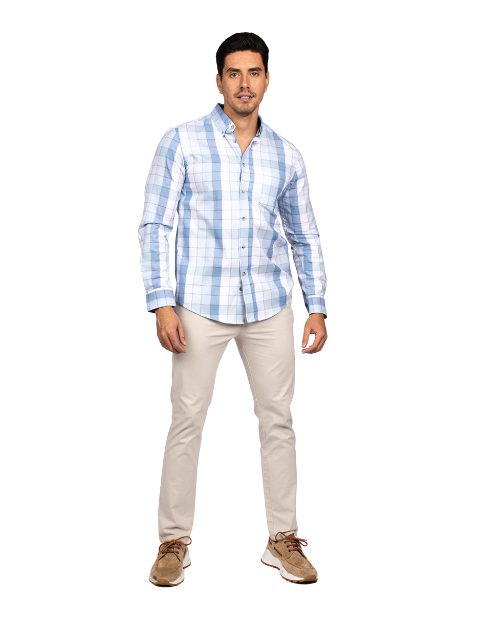 Camisas Para Hombre Manga Larga Cuadros B51126 Blanco