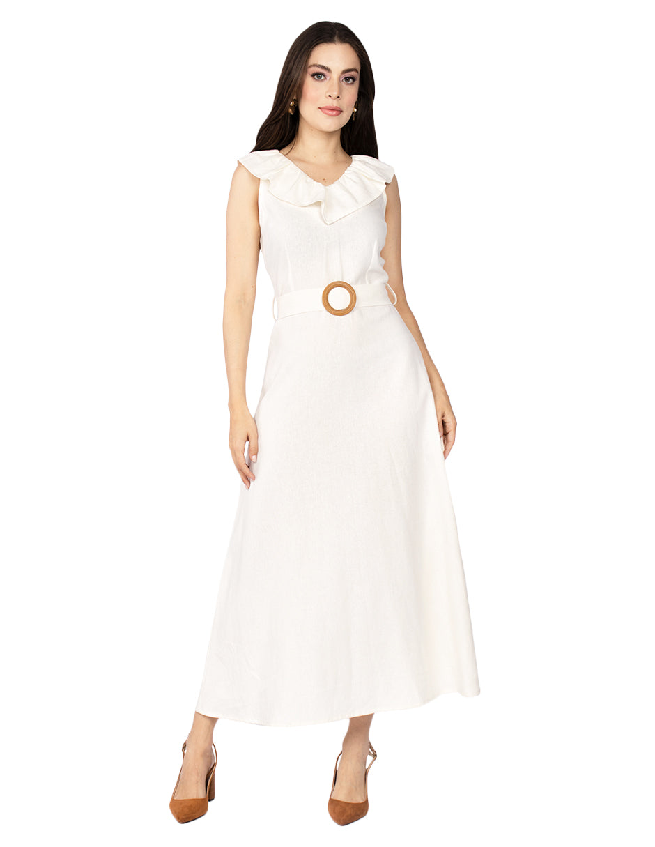 Vestidos Para Mujer Con Cinto Estilo Lino S51114 Crema