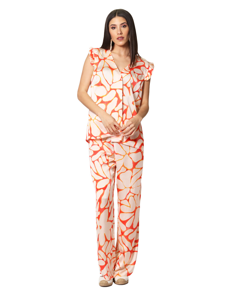 Pantalones Para Mujer Satinado De Tiro Alto Estampado De Flores W41112 Naranja