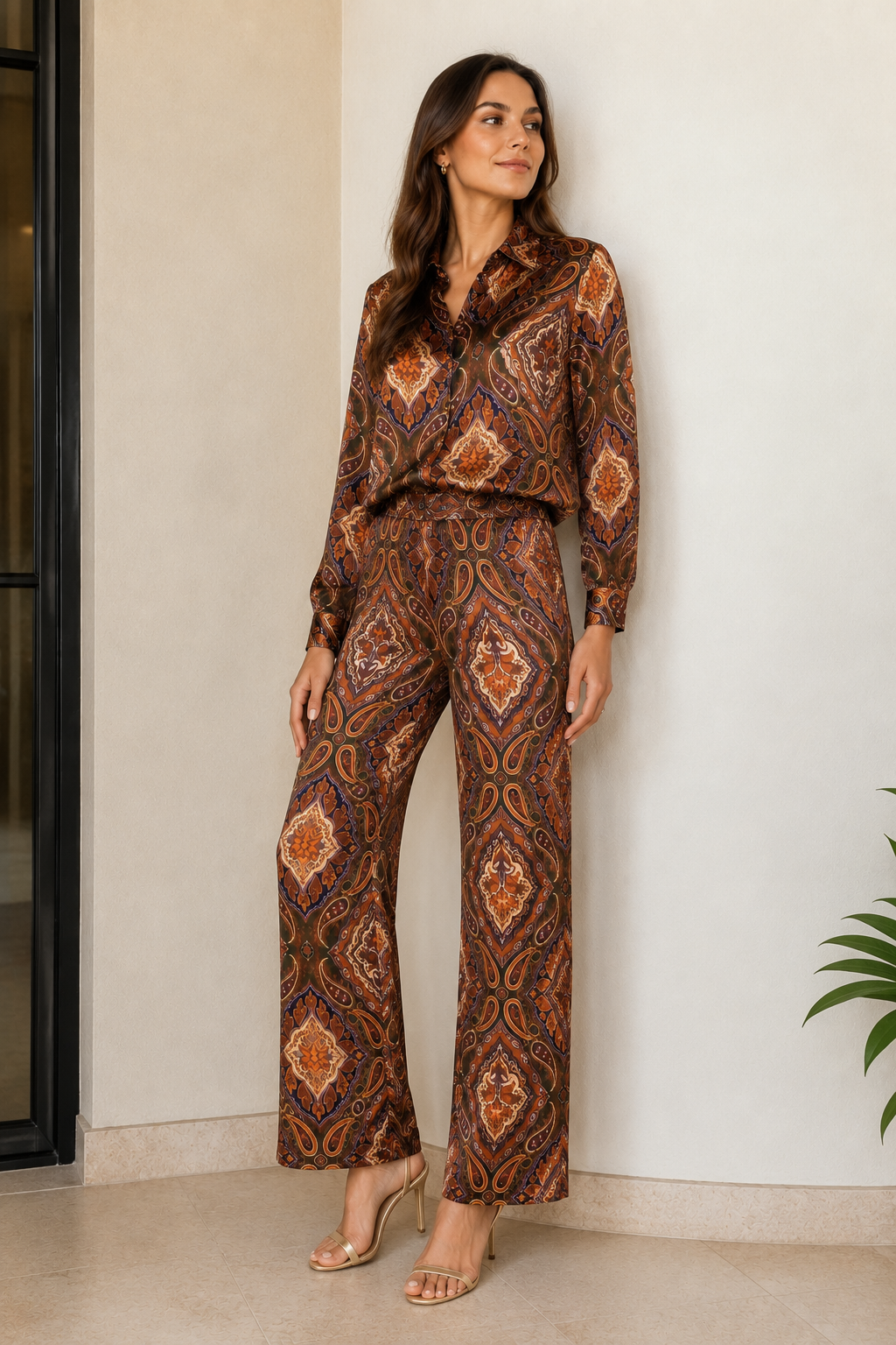 Pantalones Para Mujer Wide Leg Satinado Con Estampado Paisley W63107 Unico