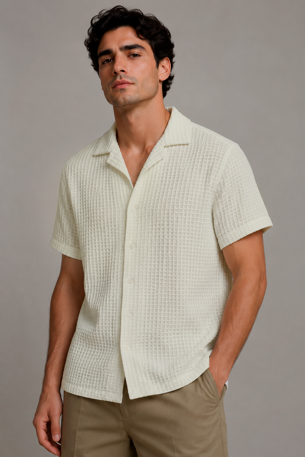 Camisas Para Hombre Manga Corta Crochet Tejida B65454 Hueso