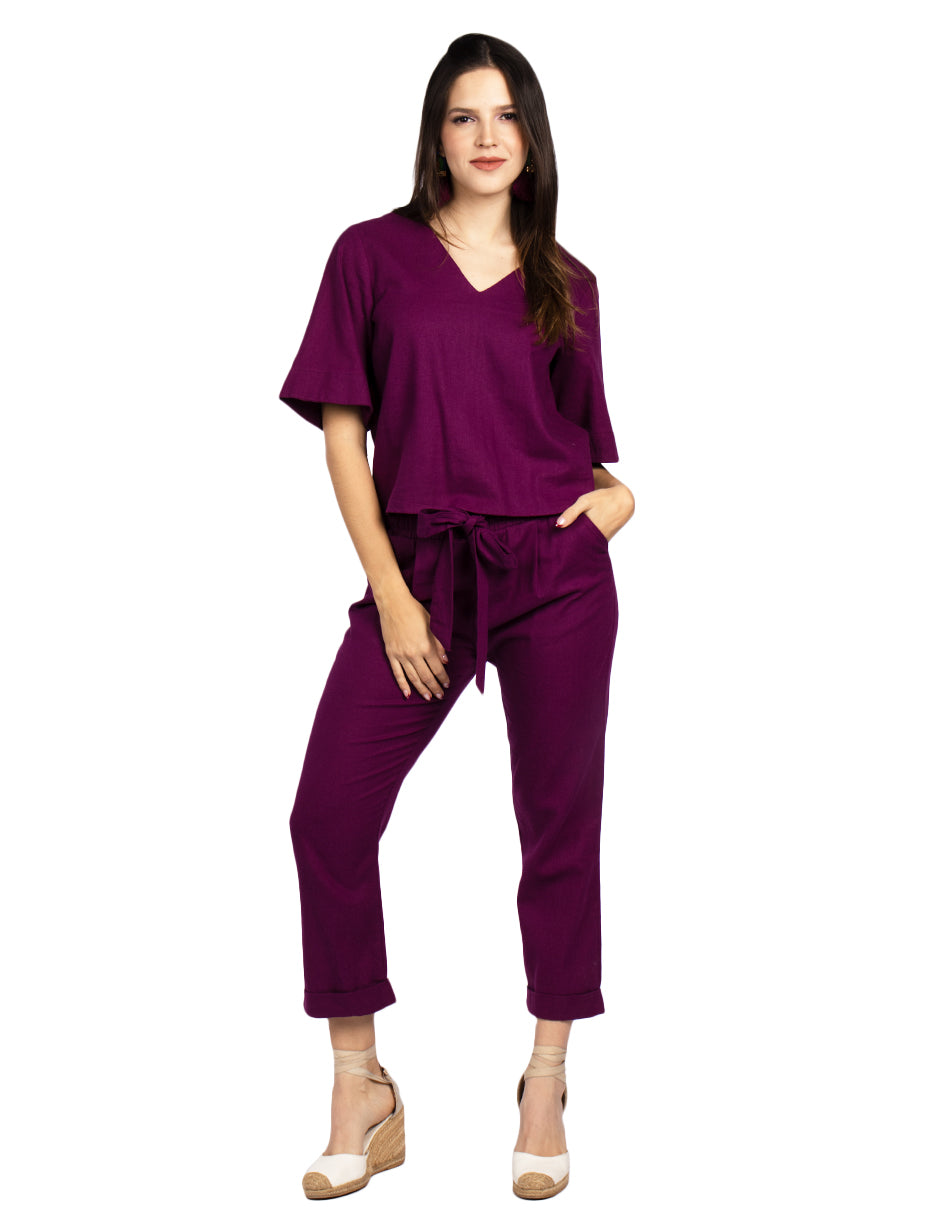 Pantalones Para Mujer Tipo Lino Con Cinta W51102 Uva