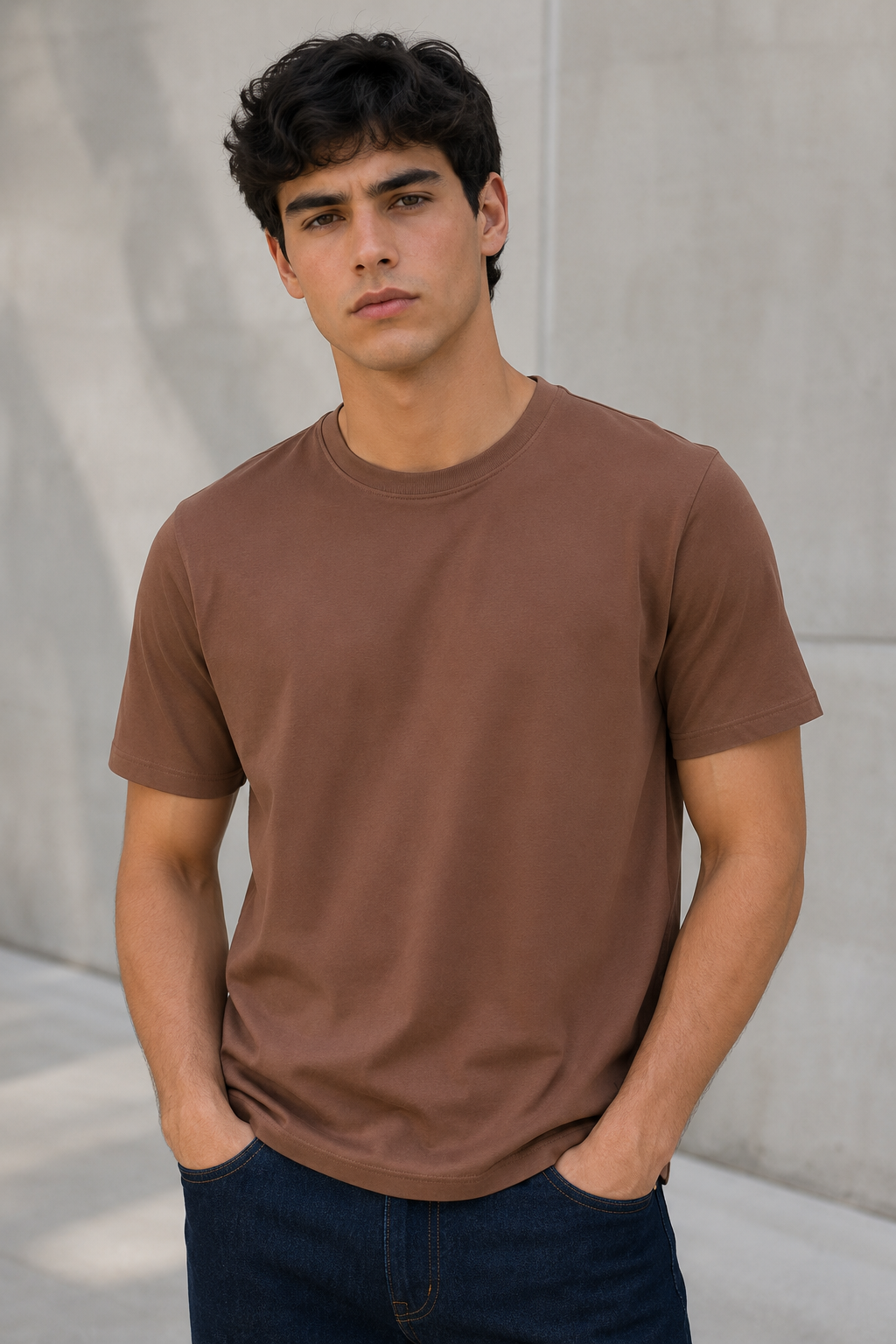 Playeras Para Hombre Básica De Cuello Redondo De Algodón A65401 Café