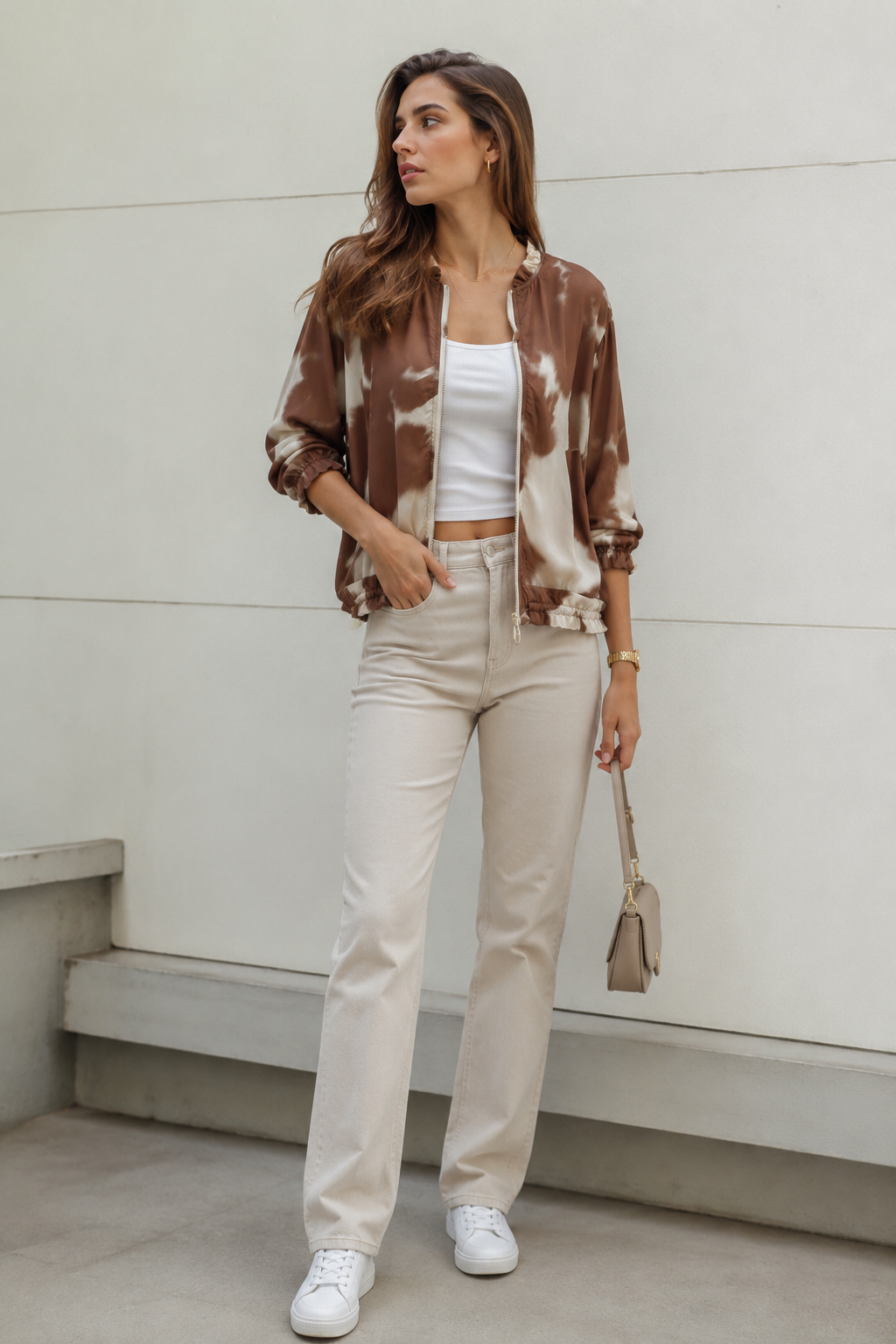 Chamarras Para Mujer Estampada Con Olanes, Cierre Frontal Y Manga Con Resorte Q63104 Unico