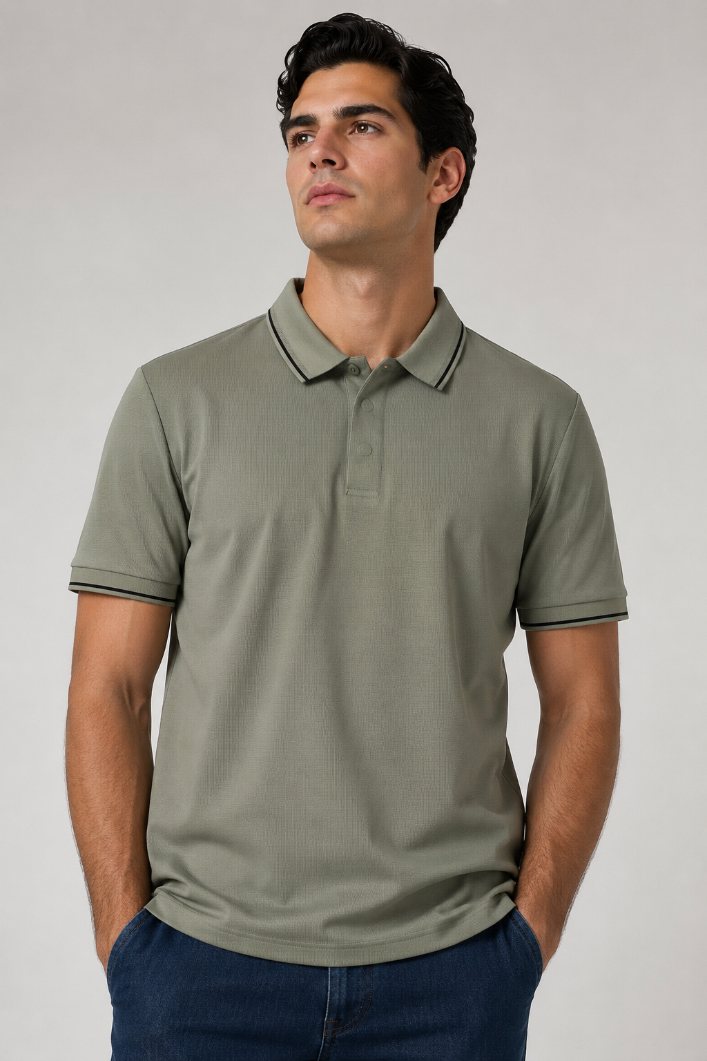 Playeras Polo Para Hombre Microperforada Super Stretch Cuello Contrastante A65408 Olivo