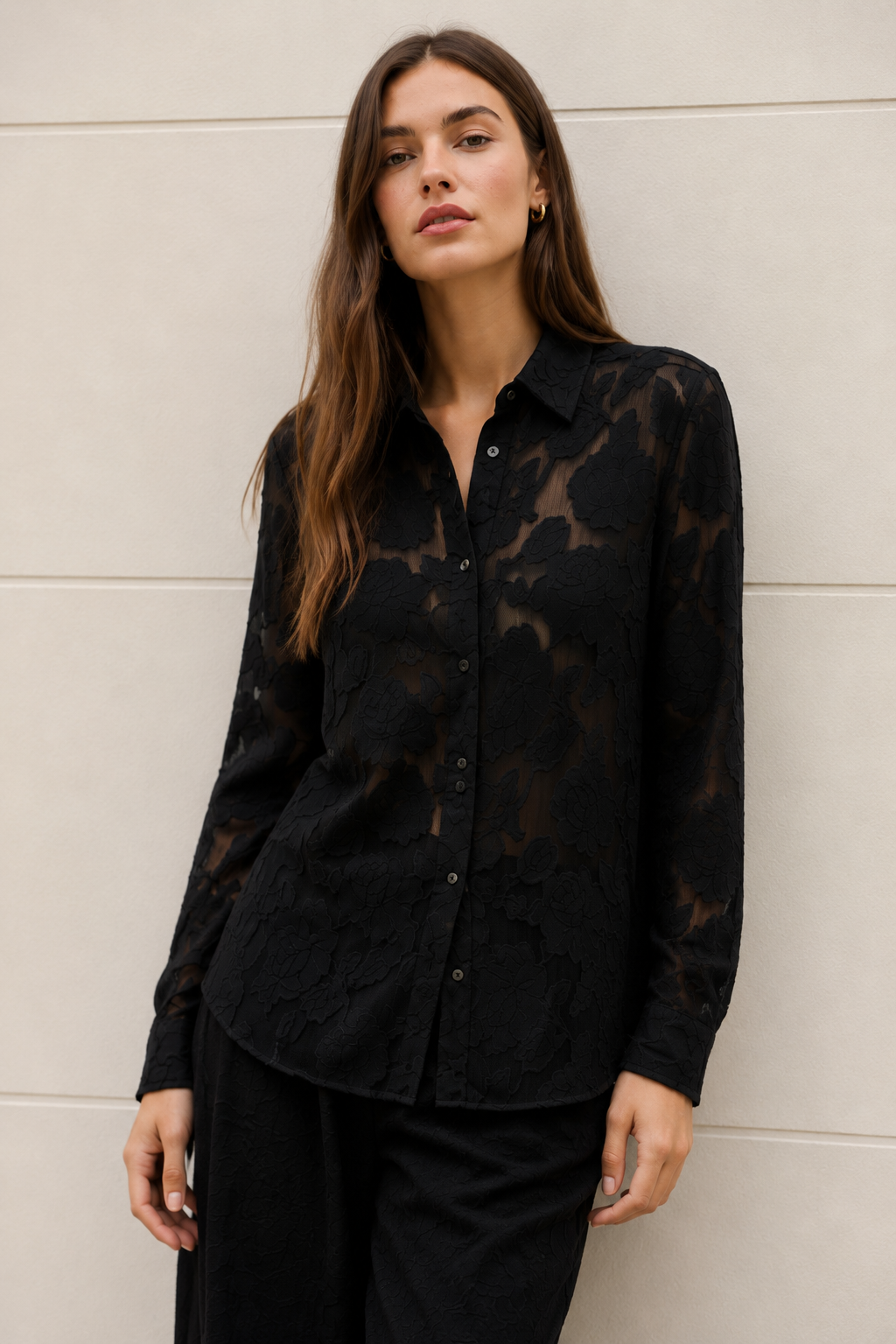 Blusas Para Mujer Jacquard Con Transparencia Y Diseño Floral N63107 Negro