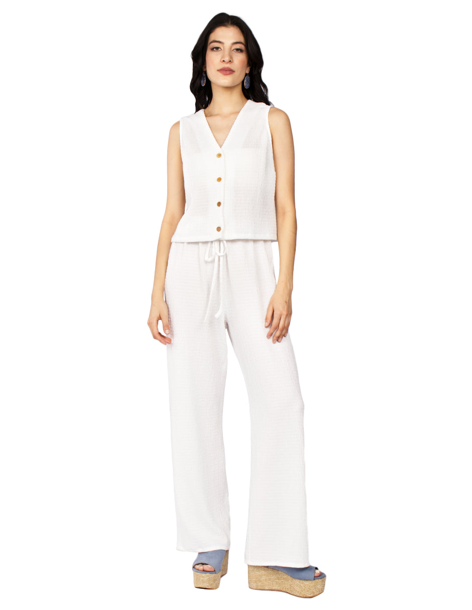 Pantalones Para Mujer Con Jareta Corrugado W51118 Blanco