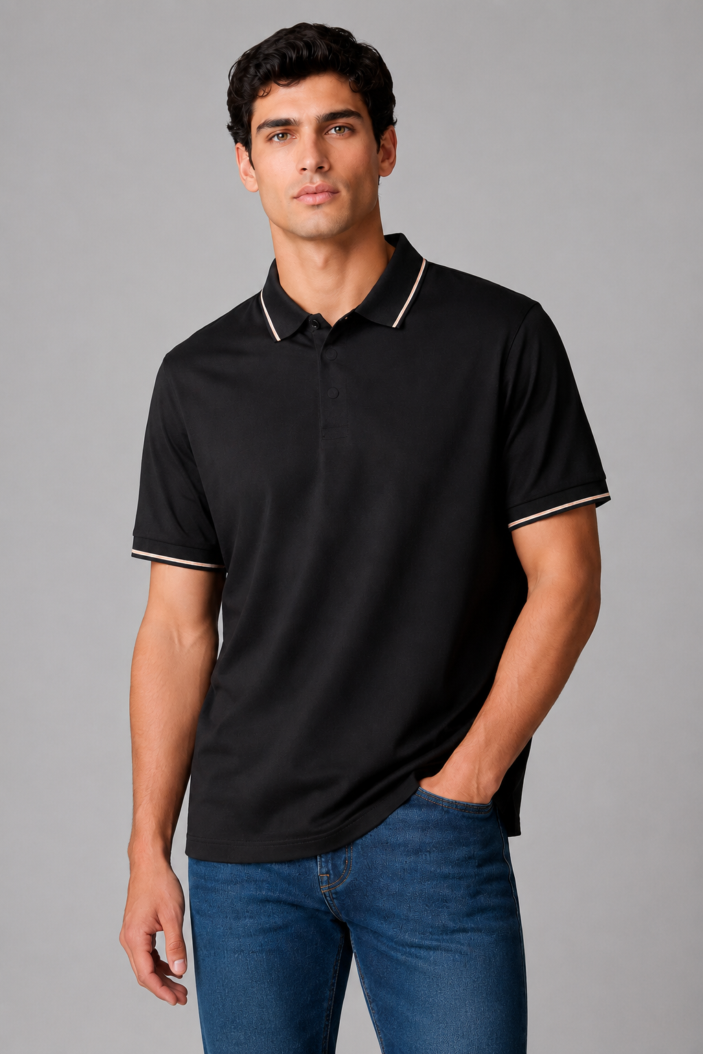 Playeras Polo Para Hombre Microperforada Super Stretch Cuello Contrastante A65408 Negro