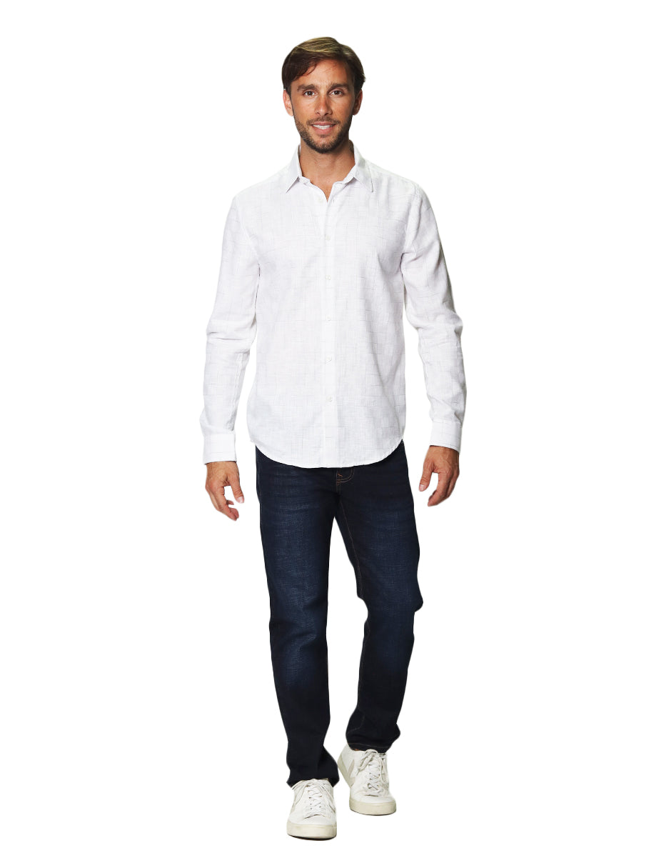 Camisas Para Hombre Manga Larga Cuadros B45302 Blanco