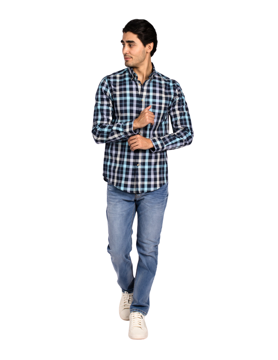 Camisas Para Hombre Manga Larga Cuadros Tipo Lino B51125 Marino