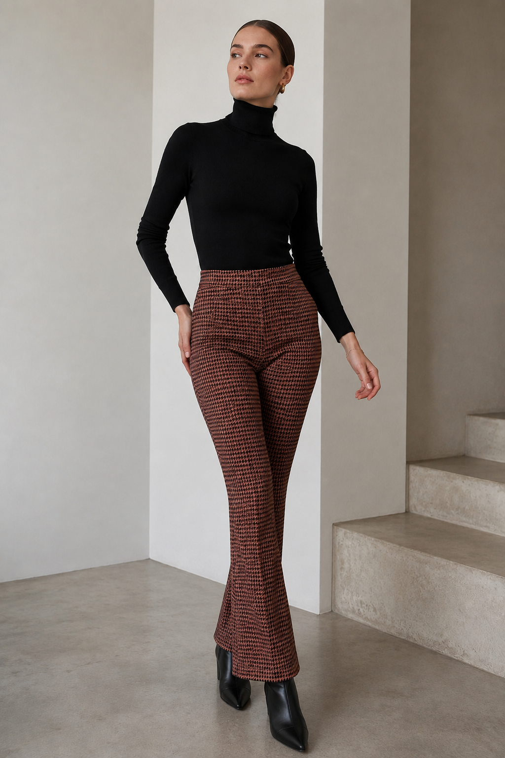 Pantalones Para Mujer Recto Pata De Gallo Con Pespunte W53111 Rosa Palo