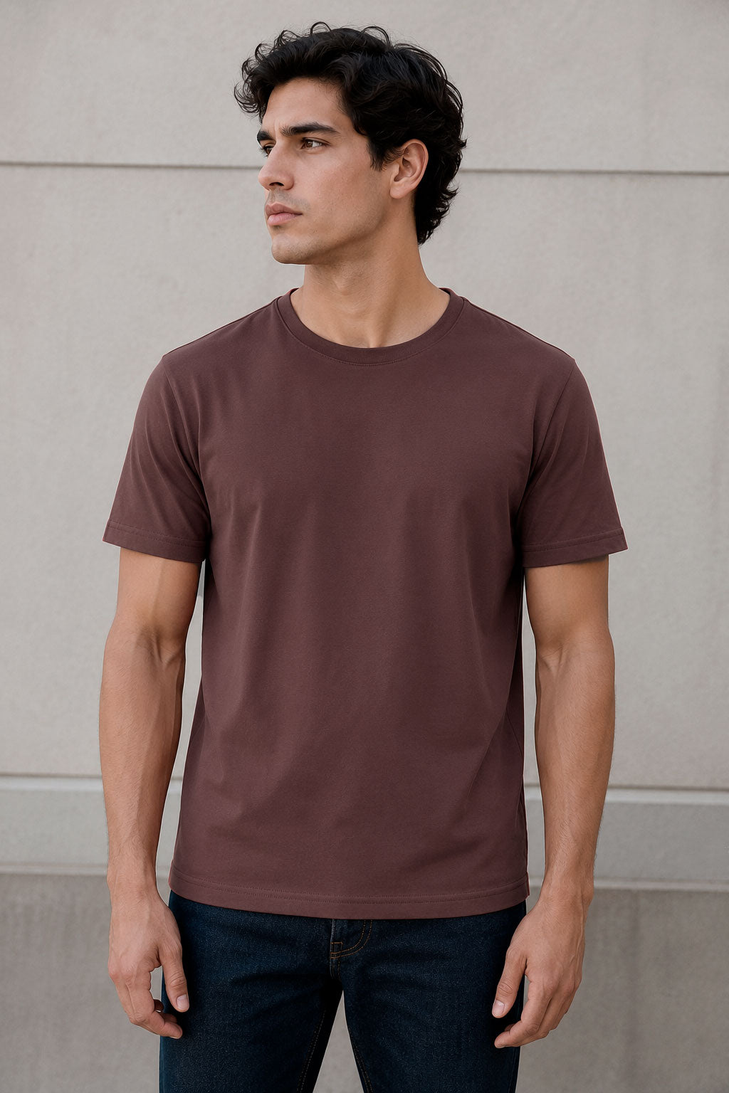 Playeras Para Hombre Básica De Cuello Redondo De Algodón A65401 Tinto