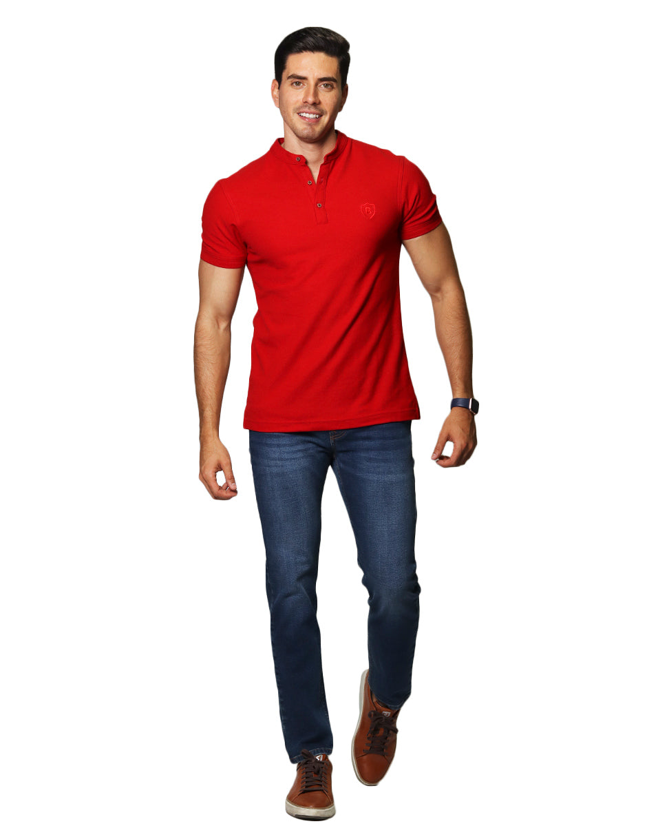 Playeras Polo Para Hombre De Manga Corta Lisa Basica Con Logo Bordado Cuello Mao Slim Fit APCMAB Rojo