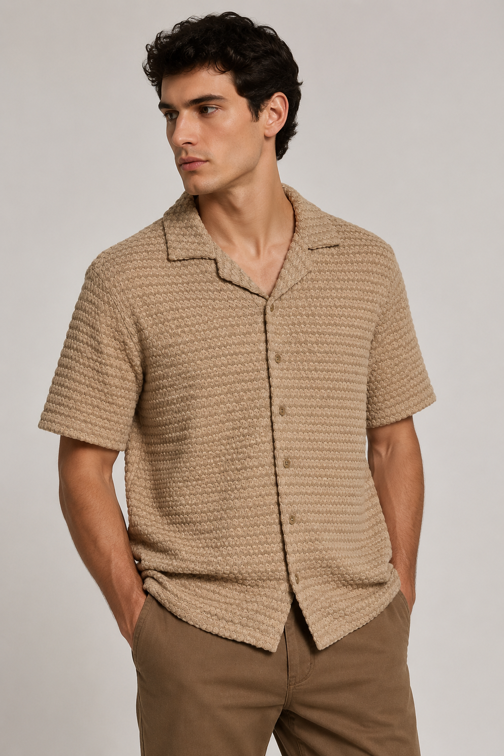 Camisas Para Hombre Manga Corta Tejido Punto B65458 Kaki