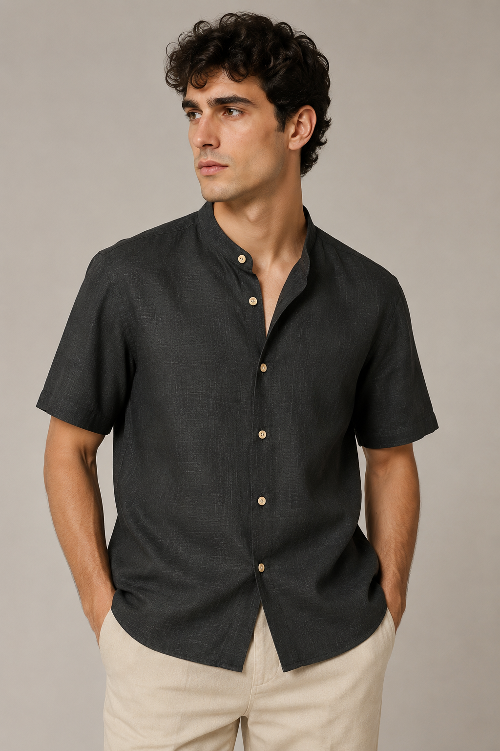 Camisas Para Hombre Tipo Lino Cuello Mao B61552 Negro