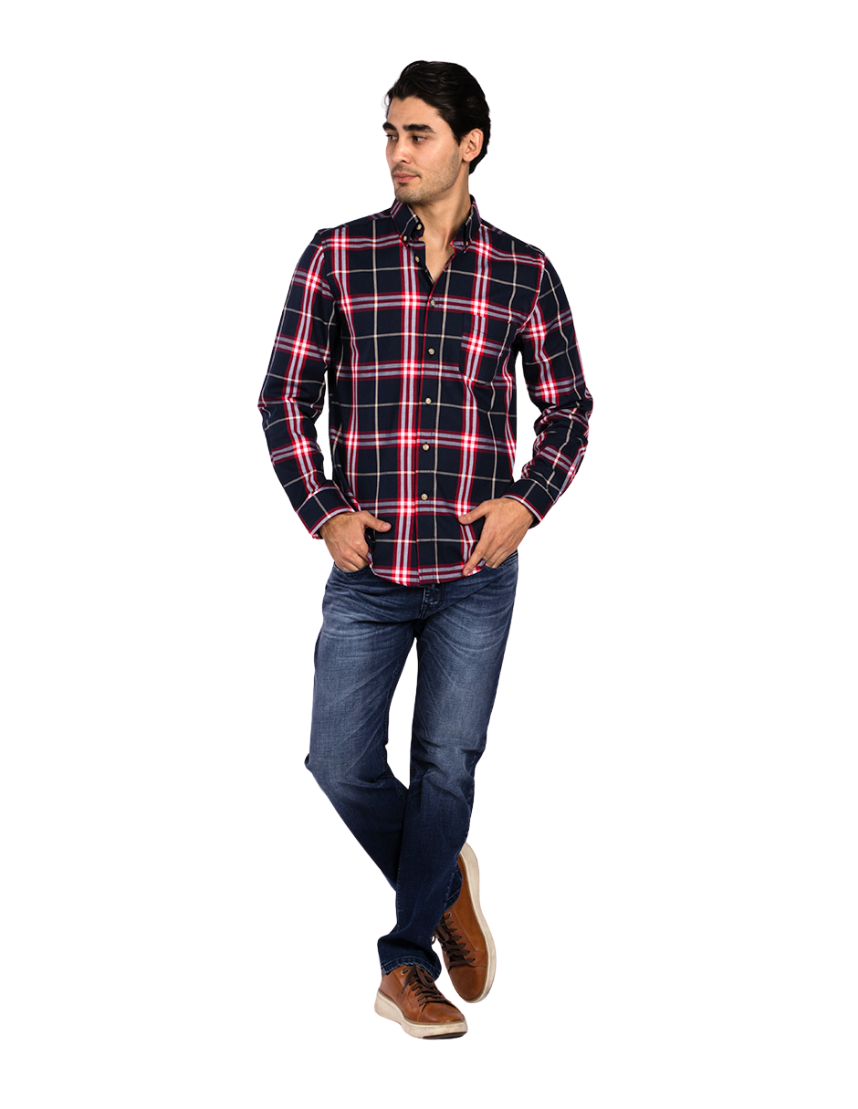 Camisas Para Hombre Manga Larga Cuadros Oxford B51129 Marino