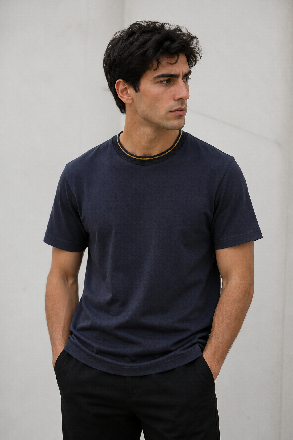 Playeras Para Hombre Básica De Cuello Redondo Con Rib Y Detalle Contrastante A65403 Marino