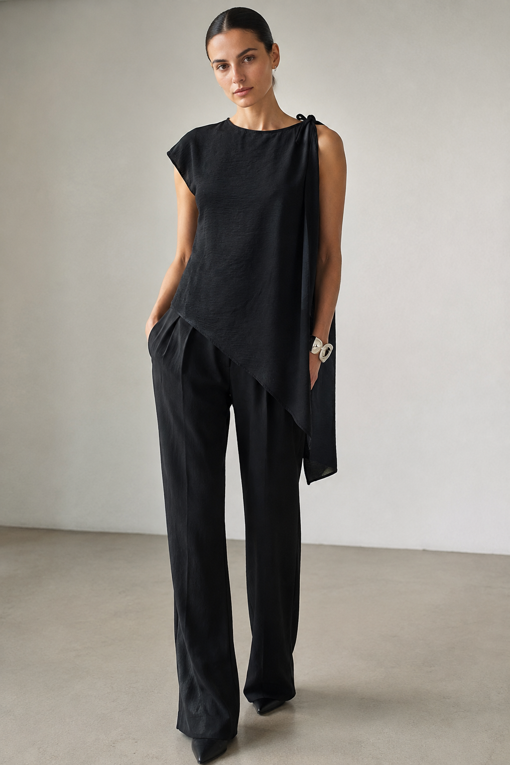 Blusas Para Mujer Asimétrica Con Lazo En Hombro Y Caída Lateral N63137 Negro