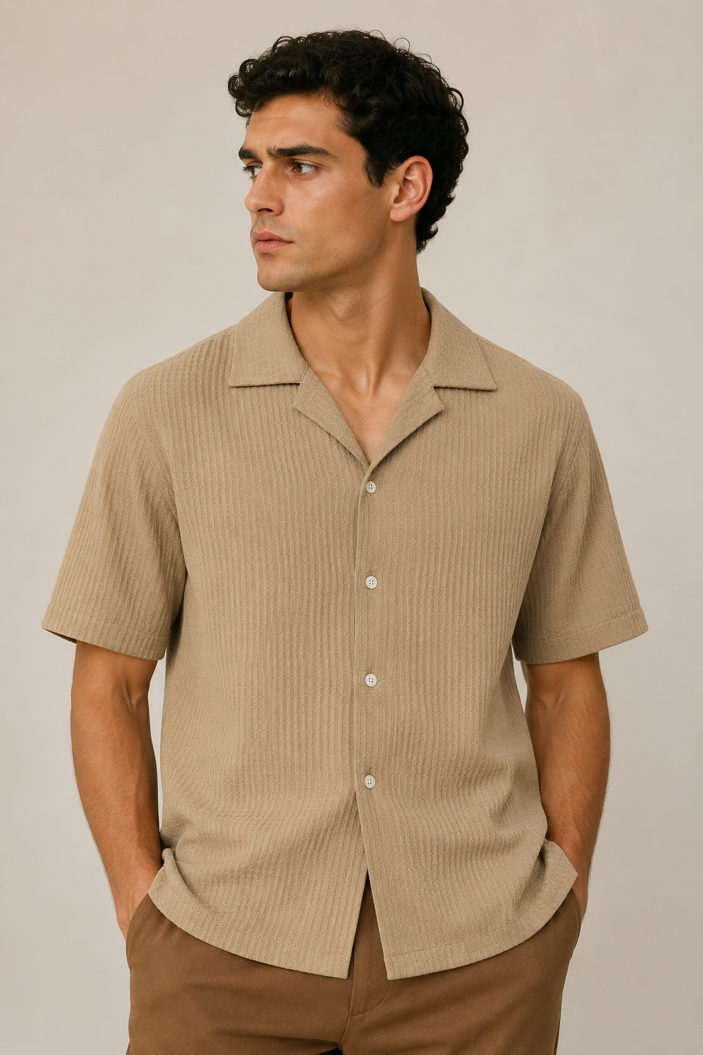 Camisas Para Hombre Manga Corta Tejido Tableado B65453 Camello
