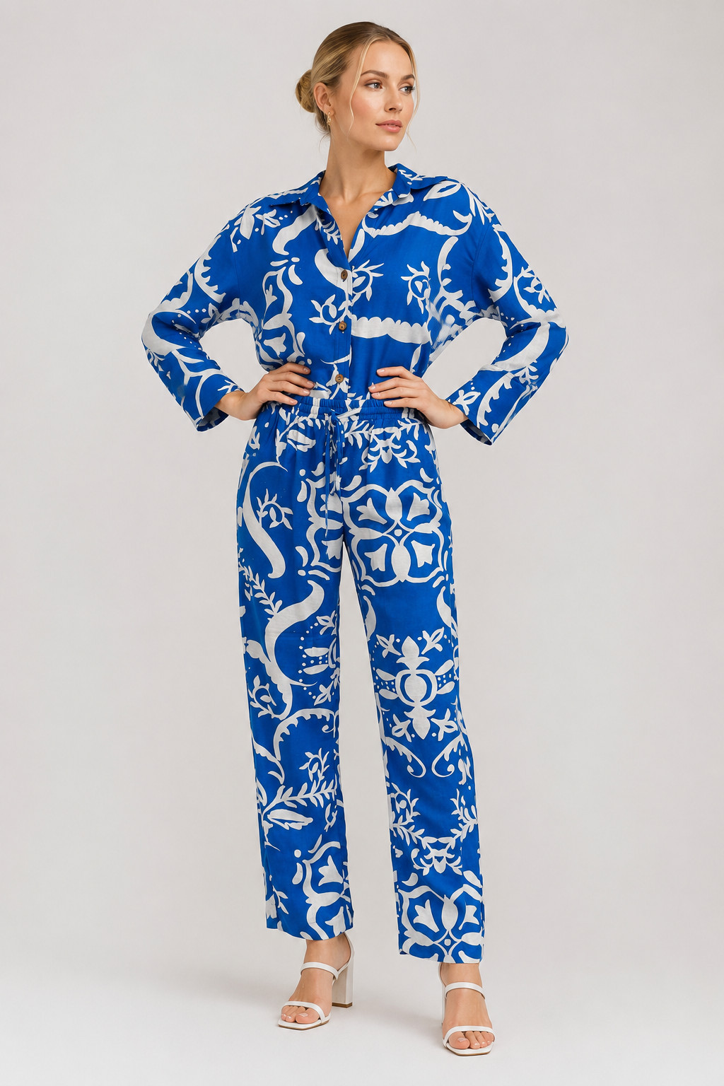 Pantalones Para Mujer Estampado Con Jareta W61104 Azul