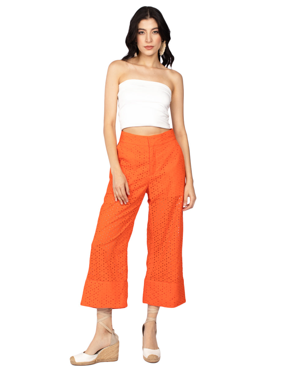 Pantalones Para Mujer Pesquero Liso Perforado Acampanado W41125 Naranja