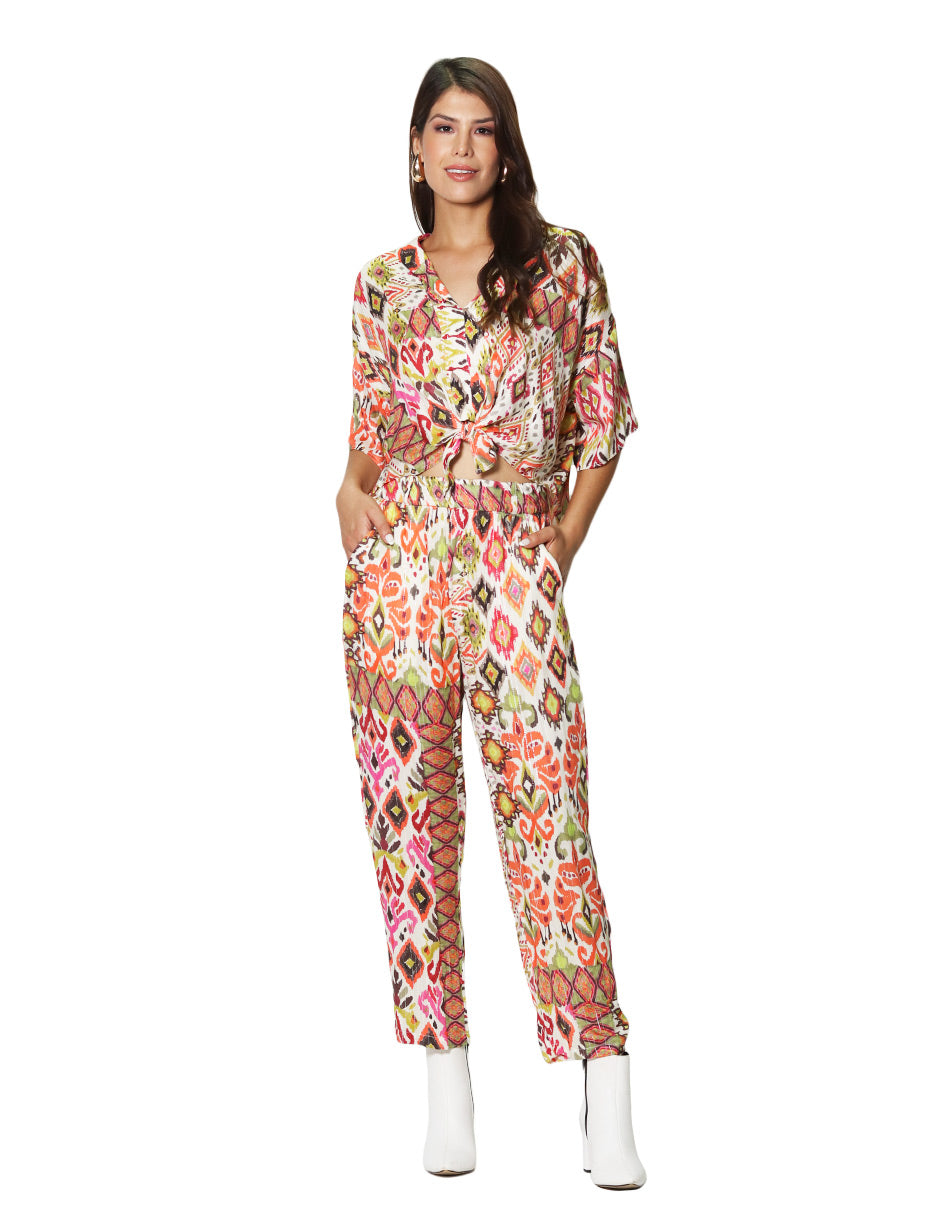 Blusas Para Mujer Estampada Con Nudo N43102 Naranja