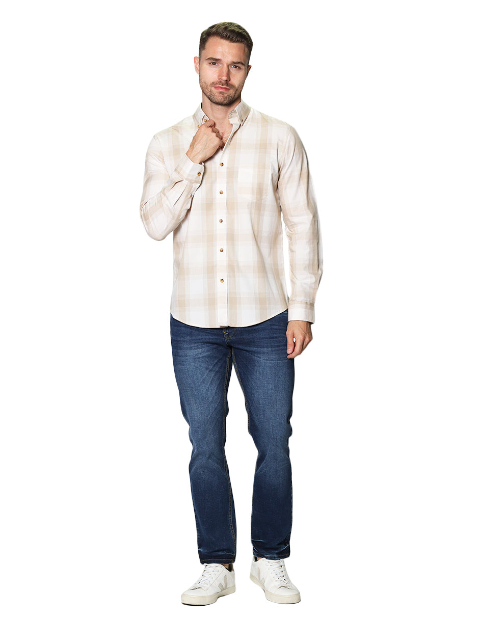 Camisas Para Hombre Manga Larga Cuadros B45106 Beige