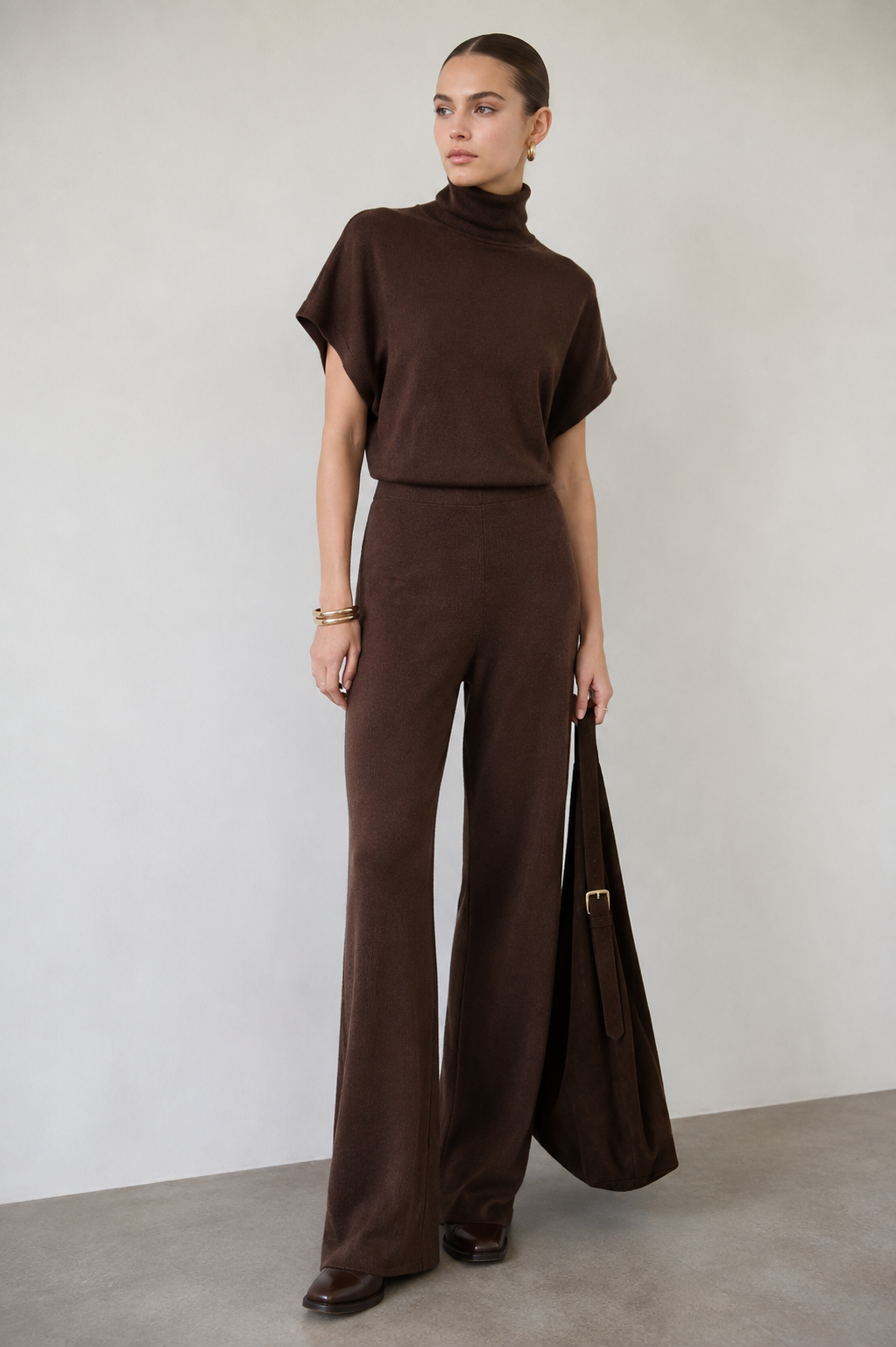 Pantalones Para Mujer De Tejido Texturizado Corte Recto Y Cintura Alta W63120 Café
