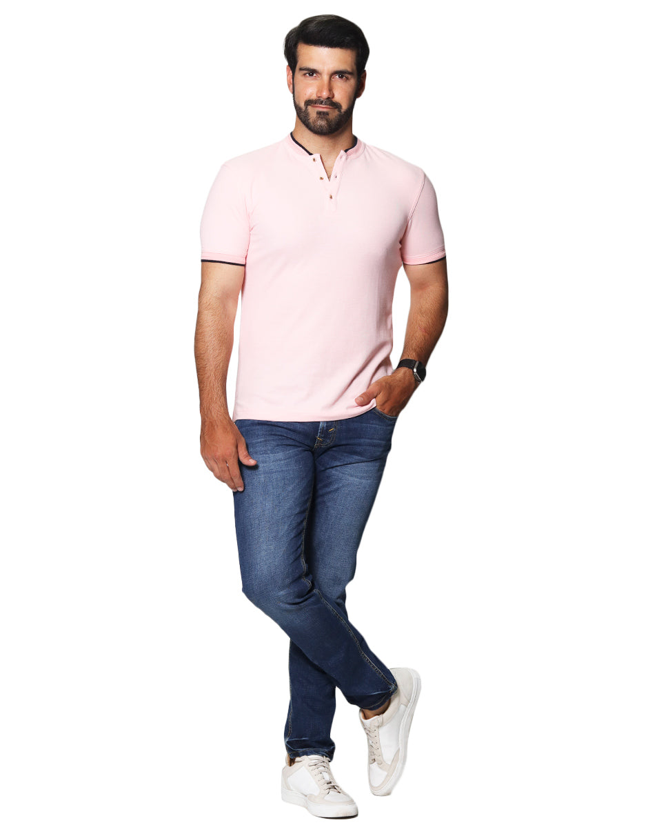 Playeras Polo Para Hombre Lisa De Manga Corta Cuello Mao Con Linea En Mangas Y Cuello A41401 Rosa
