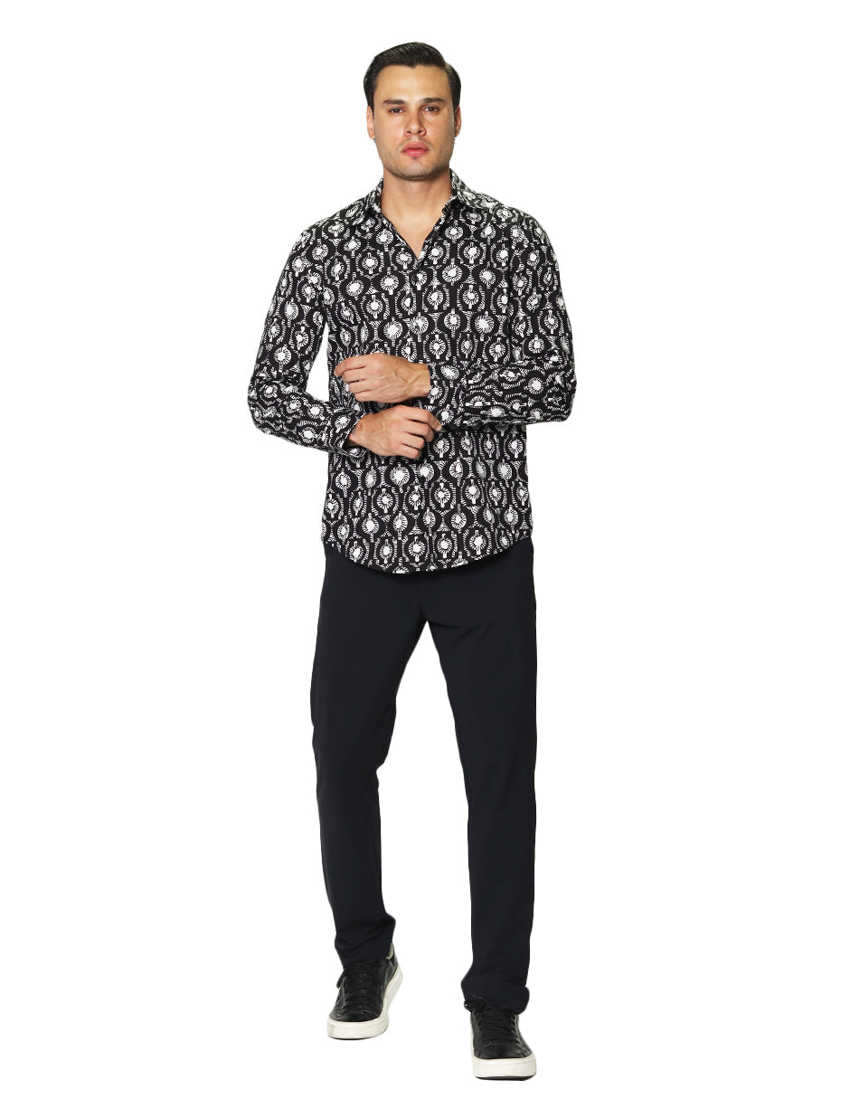 Camisas Para Hombre Manga Larga Estampado Abstracto B45518 Negro