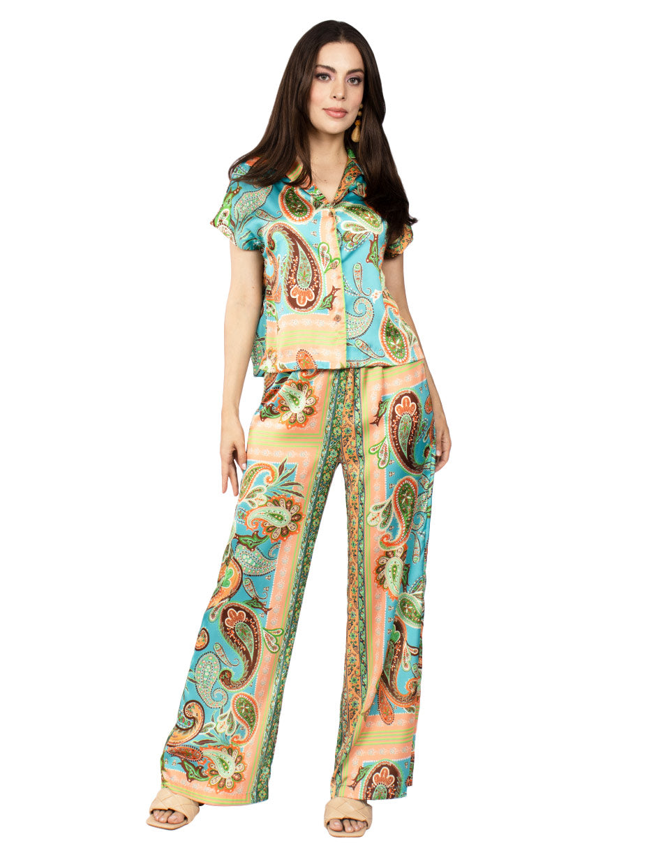 Blusas Para Mujer Camisera Paisley Satinada N51116 Turquesa