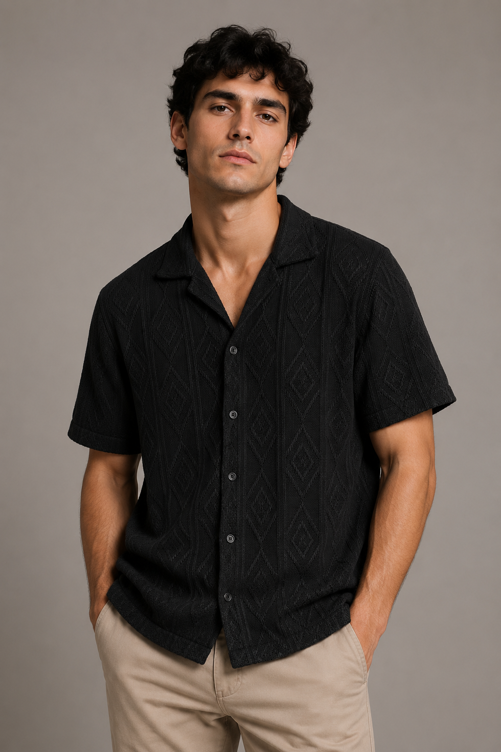 Camisas Para Hombre Manga Corta Tejida Diseño Rombos  B65455 Negro