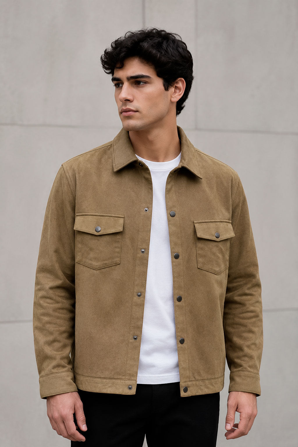 Sobrecamisas Para Hombre Suede De Doble Bolsillo Con Tapa B65413 Café