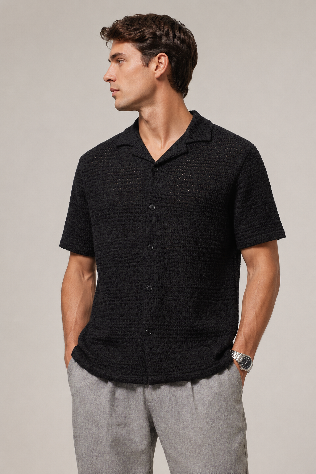 Camisas para Hombre Manga Corta de Punto Calada B65452 Negro