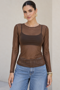 Blusas Para Mujer De Mesh Transparente Manga Larga N63117 Café