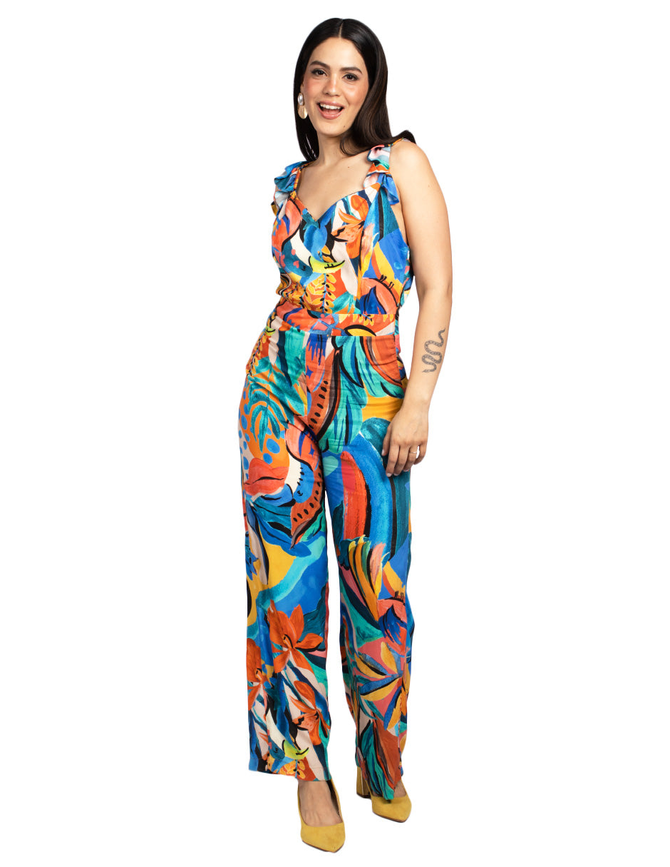 Jumpsuits Para Mujer De Tirantes Con Olanes Estampado Tropcal W41137 Unico