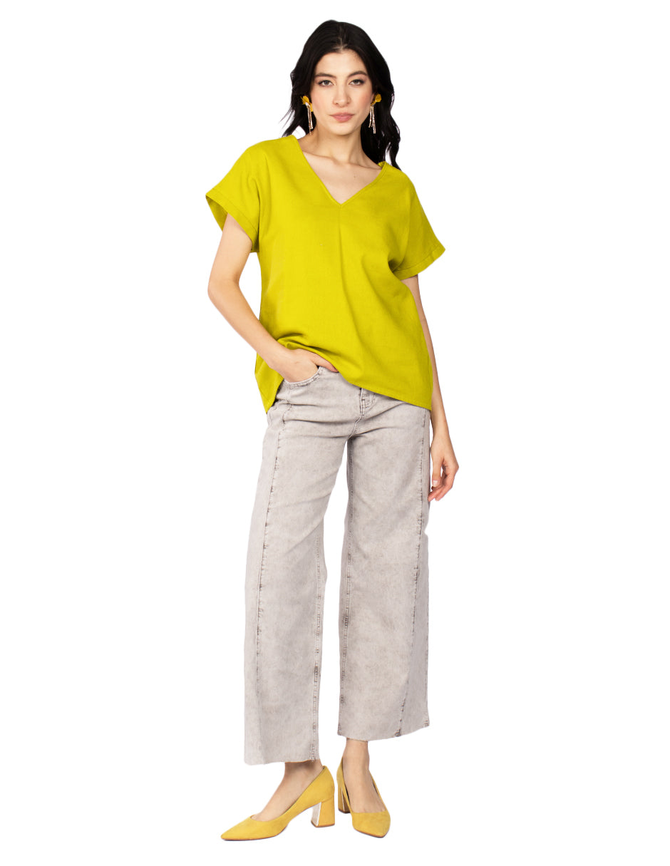 Jeans Para Mujer Wide Leg Doble Boton V51104 Gris
