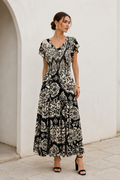 Vestidos Para Mujer Largo Floreado con Olanes S63104 Negro/Hueso